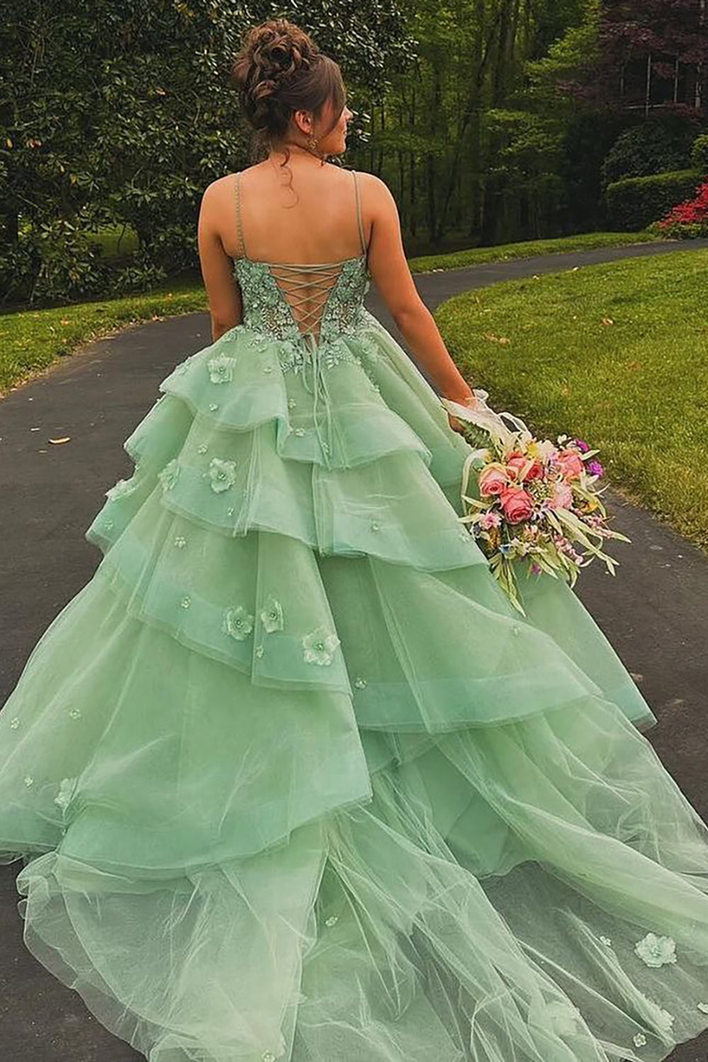 Sage Green Spaghetti Straps A-Line Tulle Tiered Long Corset Prom Dress with Appliques