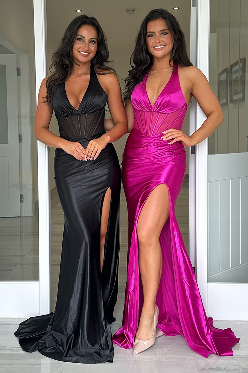 Fuchsia Halter Neck Meramid Satin Long Corset Prom Dress with Slit