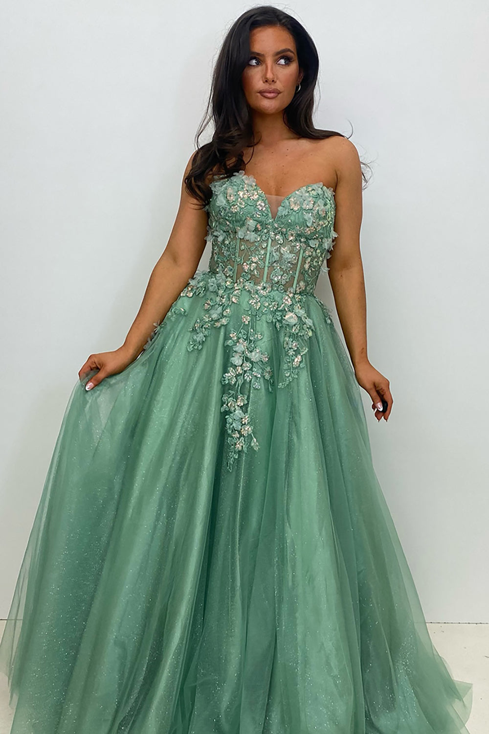 Sage Green Sweetheart Tulle Tiered A-Line Long Corset Prom Dress with Appliques
