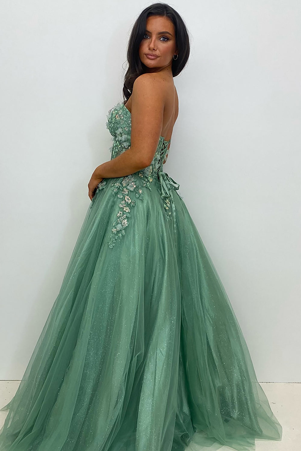Sage Green Sweetheart Tulle Tiered A-Line Long Corset Prom Dress with Appliques