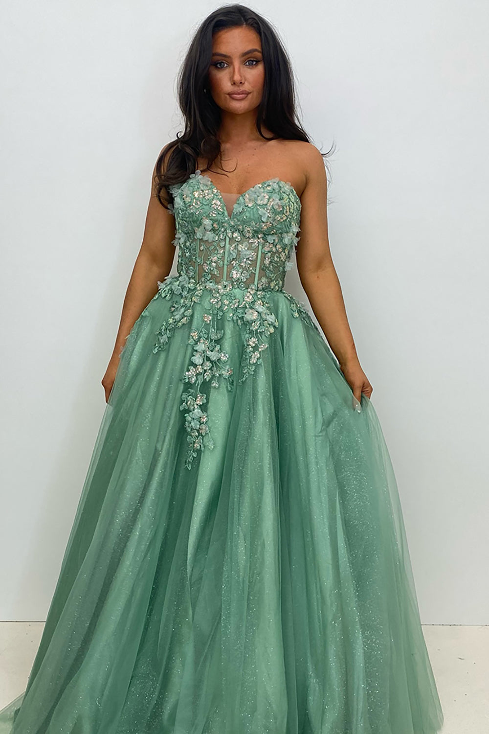 Sage Green Sweetheart Tulle Tiered A-Line Long Corset Prom Dress with Appliques