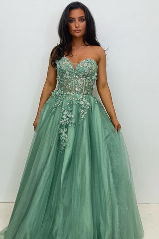 Sage Green Sweetheart Tulle Tiered A-Line Long Corset Prom Dress with Appliques