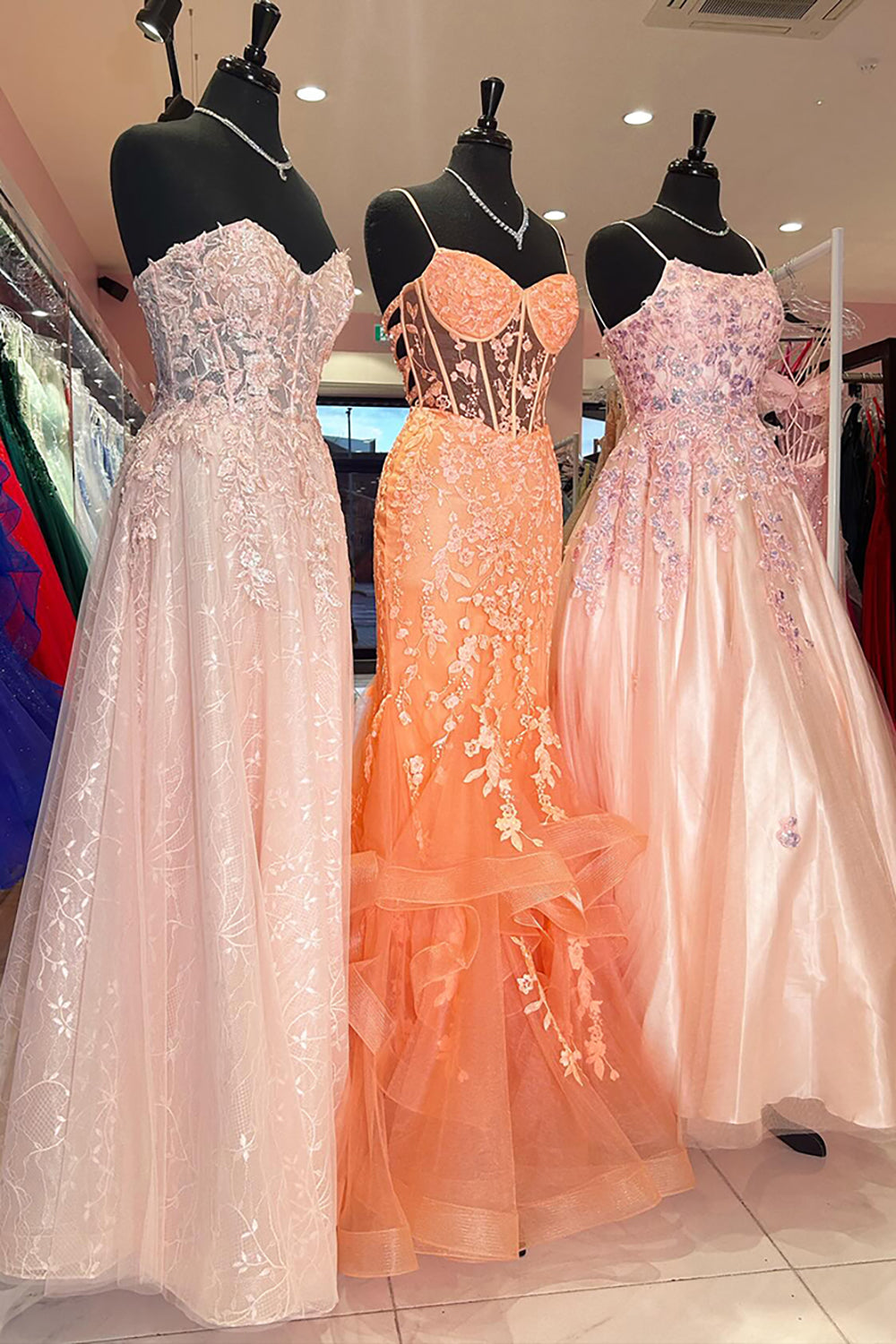 Orange Spaghetti Straps Tulle Tiered Mermaid Long Corset Prom Dress with Appliques