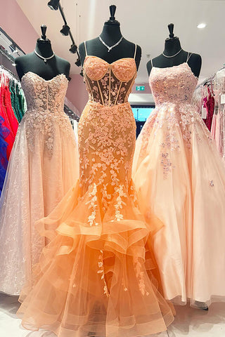 Orange Spaghetti Straps Tulle Tiered Mermaid Long Corset Prom Dress with Appliques