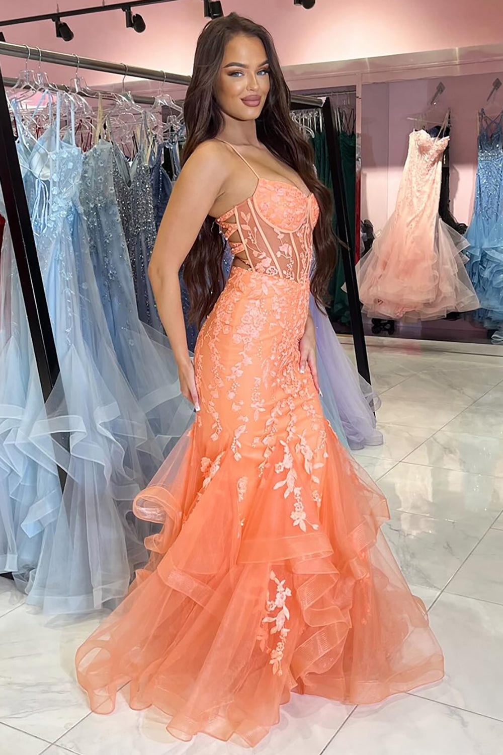 Orange Spaghetti Straps Tulle Tiered Mermaid Long Corset Prom Dress with Appliques