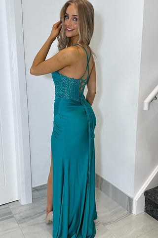 Blue Spaghetti Straps Satin Mermaid Long Corset Prom Dress with Beading
