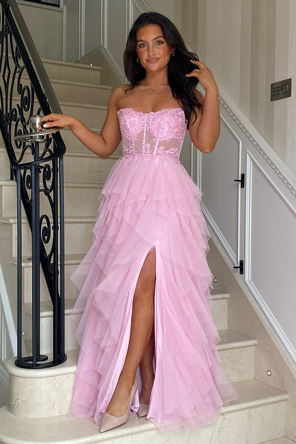 Blush Strapless A-Line Tulle Tiered Long Corset Prom Dress with Appliques
