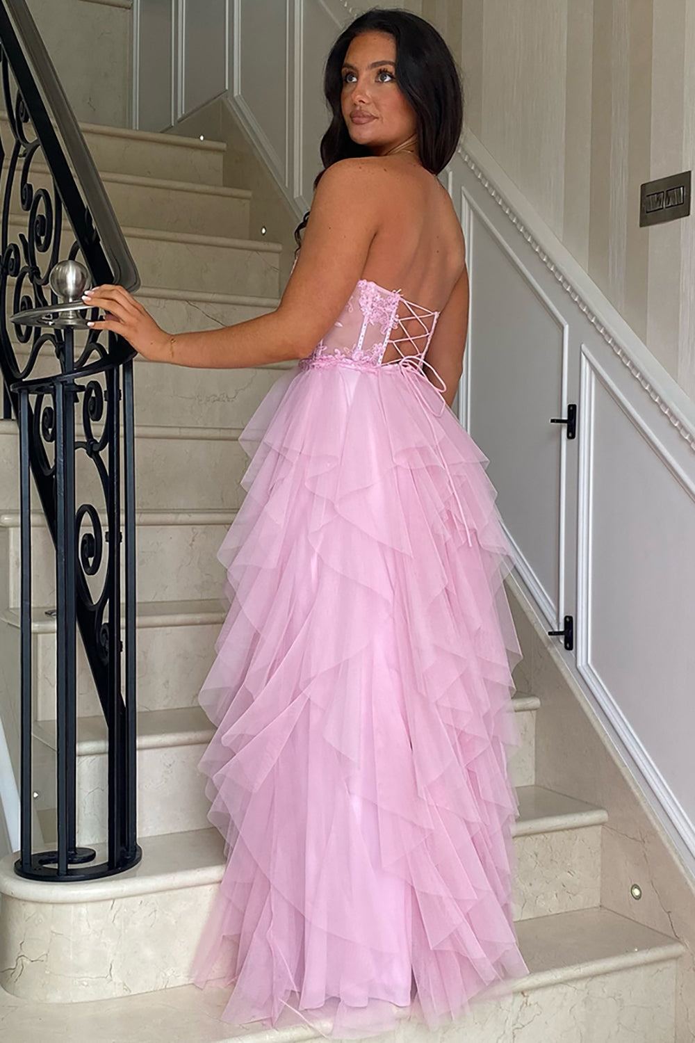 Blush Strapless A-Line Tulle Tiered Long Corset Prom Dress with Appliques