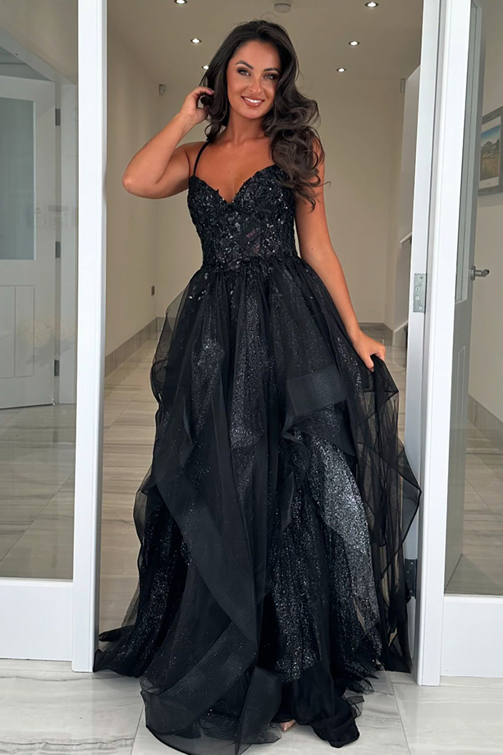 Sparkly Black Spaghetti Straps A-Line Sequins Tiered Long Corset Prom Dress
