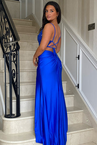 Royal Blue Spaghetti Straps Mermaid Long Corset Prom Dress with Beading
