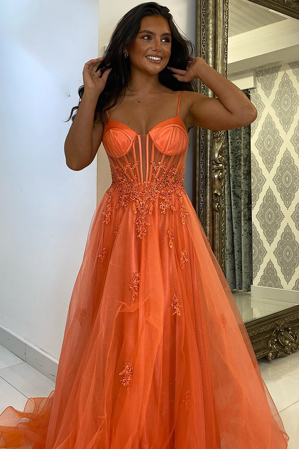 Orange Spaghetti Straps A-Line Tulle Long Corset Prom Dress with Appliques