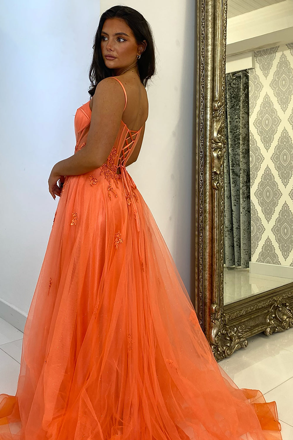 Orange Spaghetti Straps A-Line Tulle Long Corset Prom Dress with Appliques