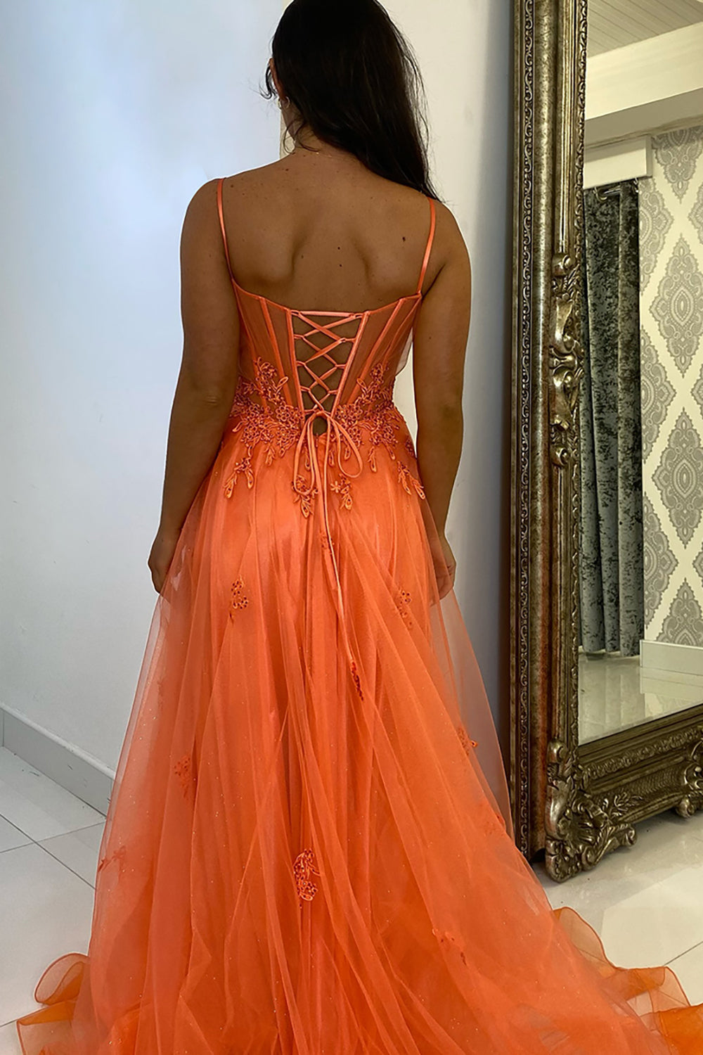 Orange Spaghetti Straps A-Line Tulle Long Corset Prom Dress with Appliques