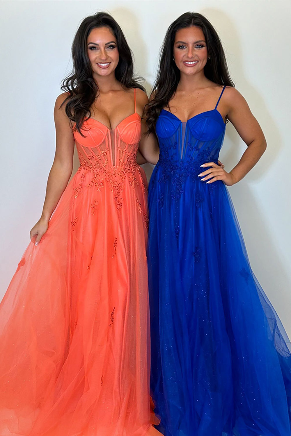 Orange Spaghetti Straps A-Line Tulle Long Corset Prom Dress with Appliques