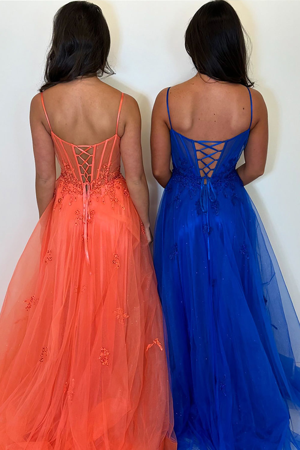 Orange Spaghetti Straps A-Line Tulle Long Corset Prom Dress with Appliques