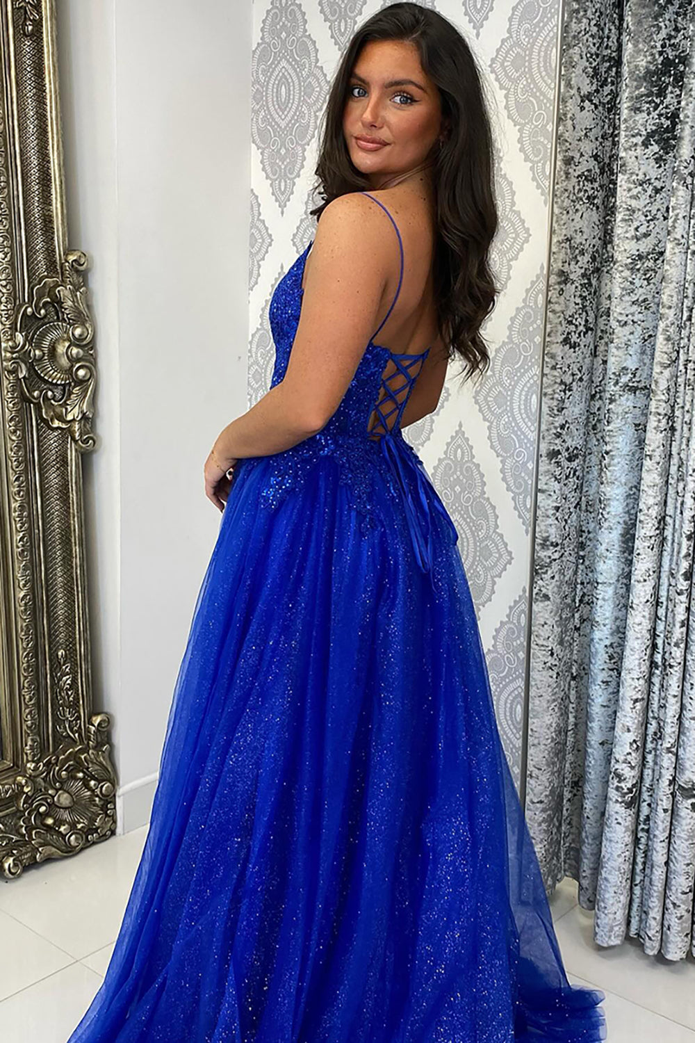 Royal Blue Spaghetti Straps A-Line Tulle Sequins Long Corset Prom Dress