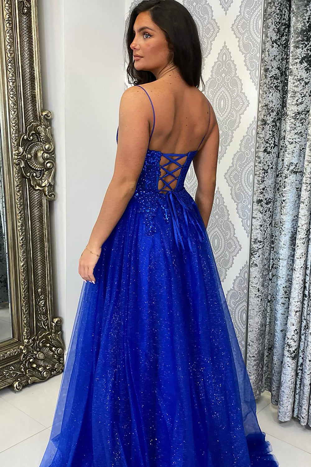 Royal Blue Spaghetti Straps A-Line Tulle Sequins Long Corset Prom Dress
