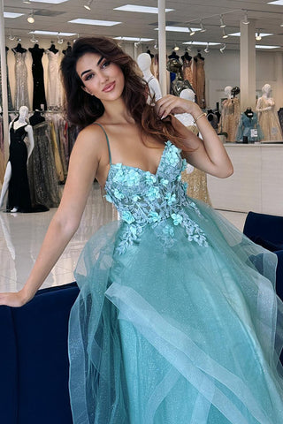 Blue Spaghetti Straps A-Line Tulle Tiered Long Corset Prom Dress with Appliques