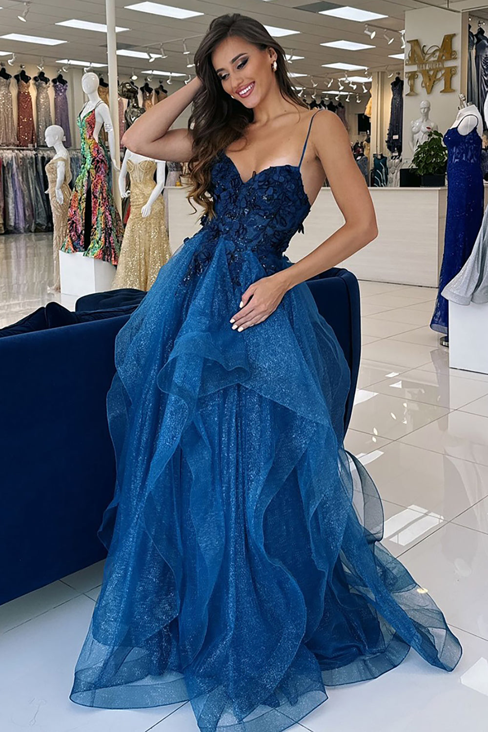 Blue Spaghetti Straps A-Line Tulle Tiered Long Corset Prom Dress with Appliques