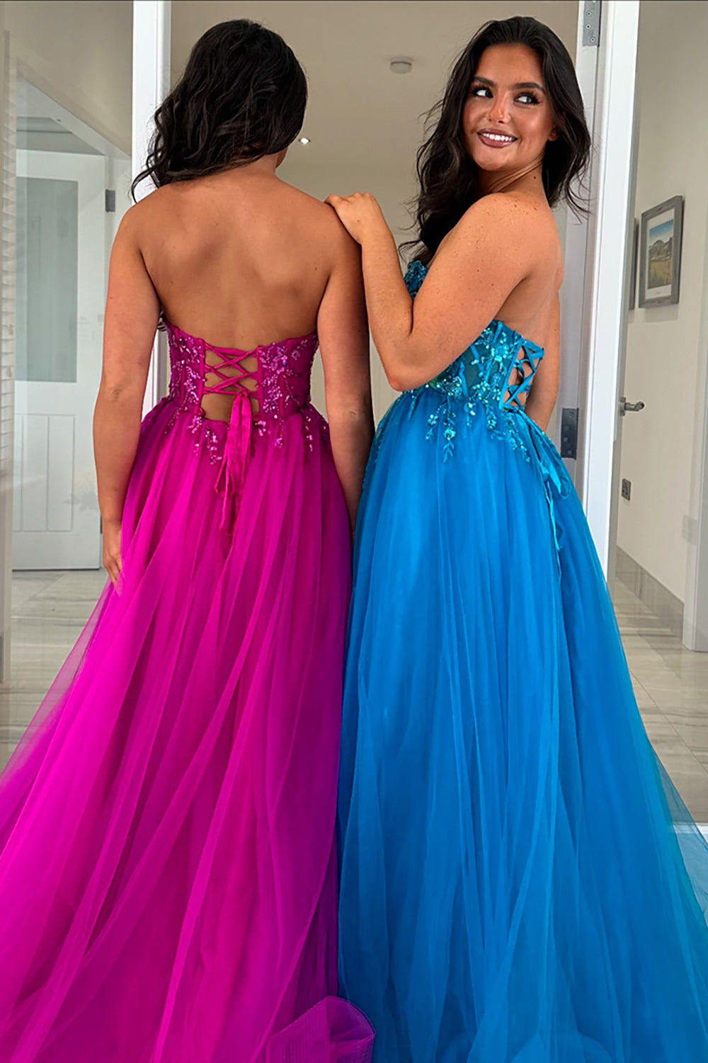 Fuchsia Strapless A-Line Tulle Long Corset Prom Dress with Appliques