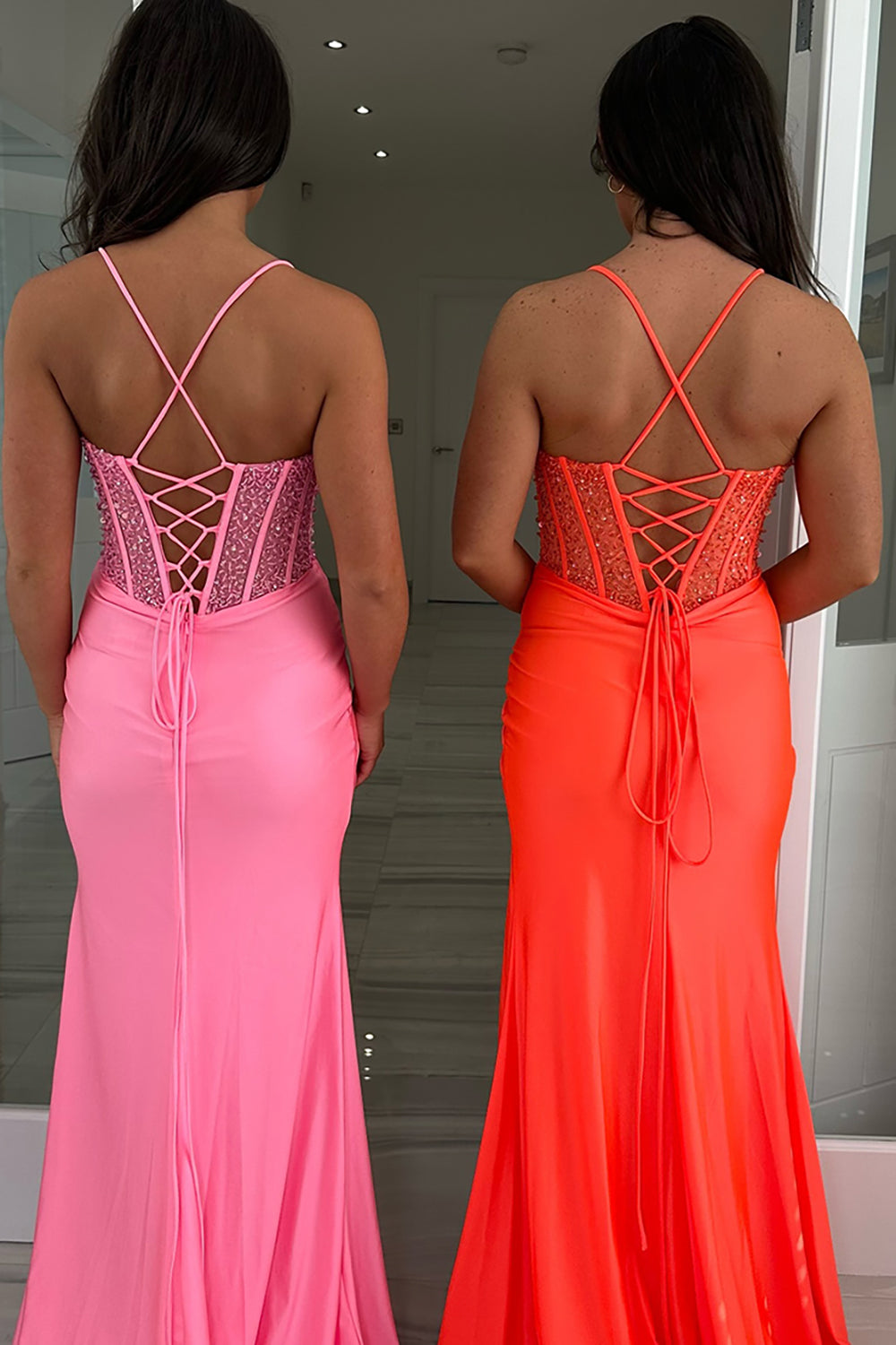 Pink Spaghetti Straps Mermaid Satin Long Corset Prom Dress with Beading