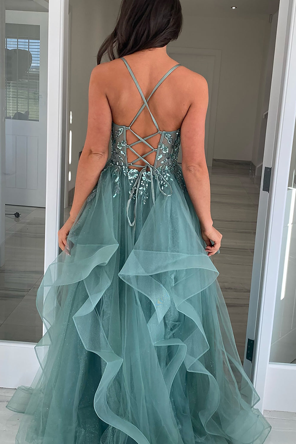 Grey Blue Spaghetti Straps A-Line Tulle Tiered Long Corset Prom Dress with Appliques