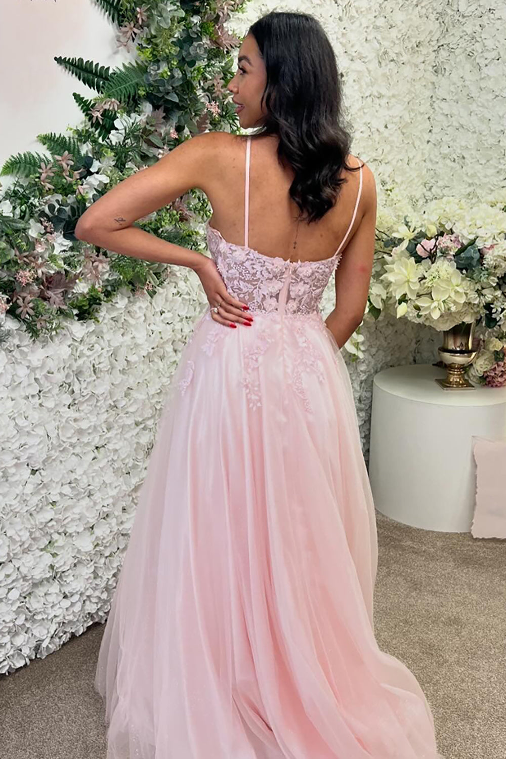 Pink Halter Neck A-Line Tulle Long Prom Dress with Appliques