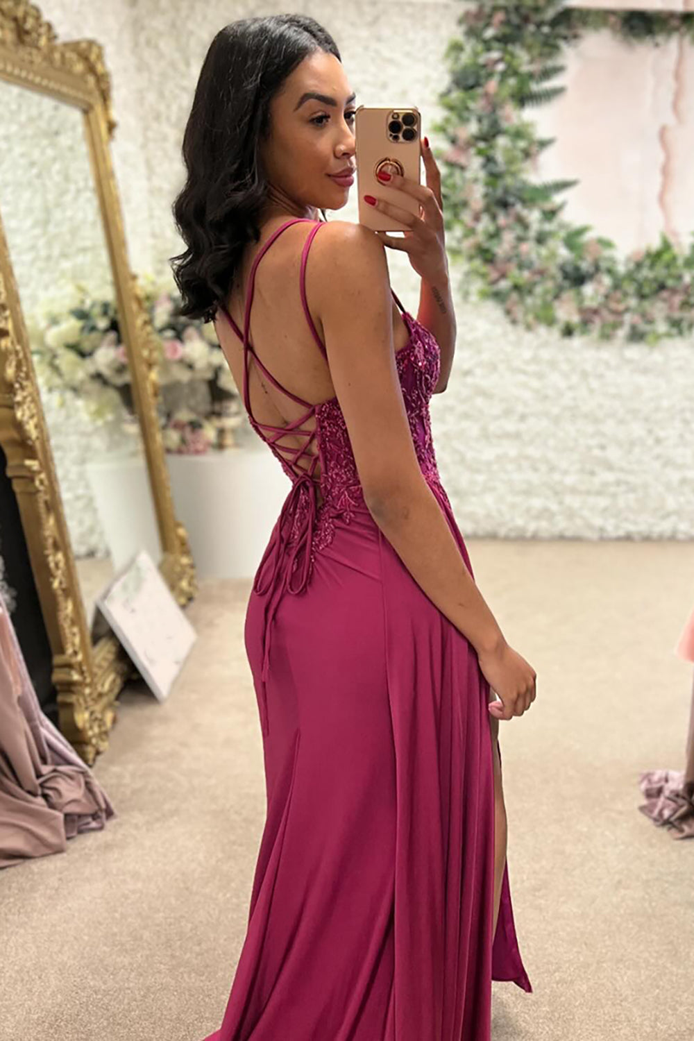 Fuchsia Spaghetti Straps Mermaid Satin Long Corset Prom Dress with Appliques