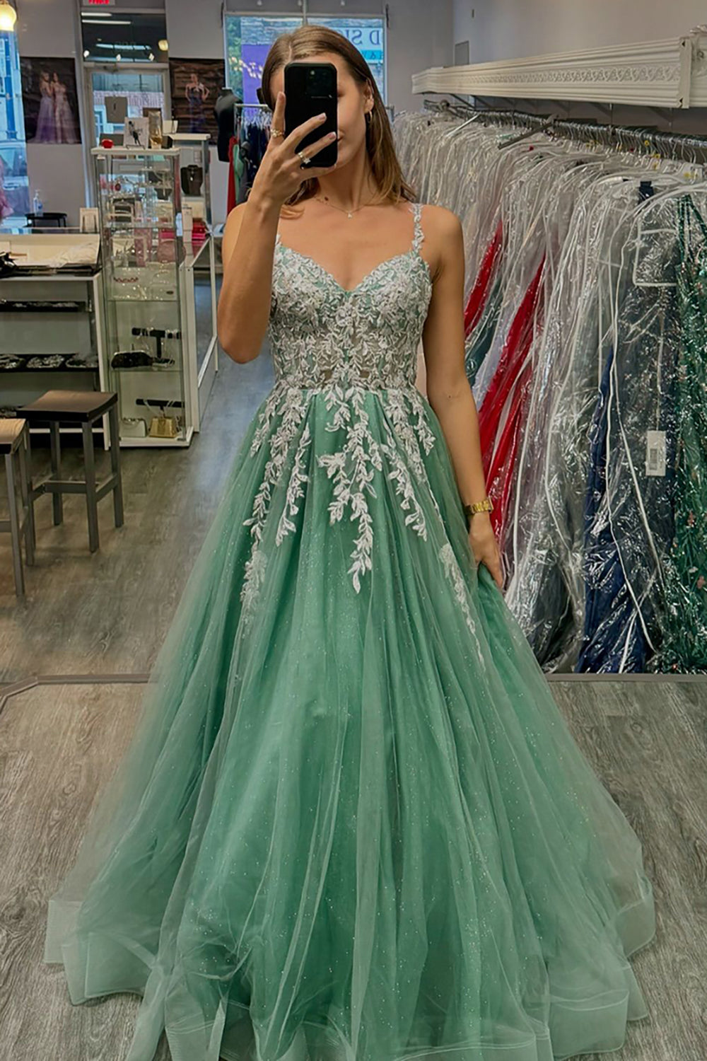 Sage Green Spaghetti Straps Tulle A-Line Long Corset Prom Dress with Appliques