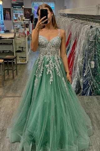 Sage Green Spaghetti Straps Tulle A-Line Long Corset Prom Dress with Appliques