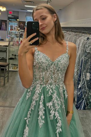 Sage Green Spaghetti Straps Tulle A-Line Long Corset Prom Dress with Appliques