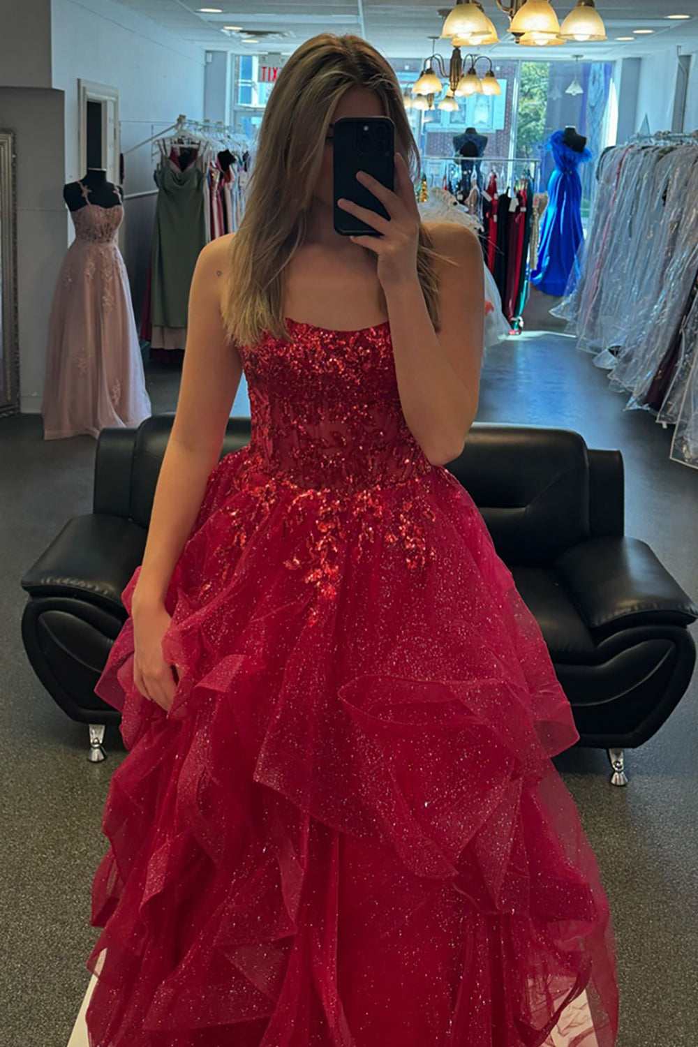 Sparkly Fuchsia Spaghetti Straps A-Line Long Corset Prom Dress with Appliques