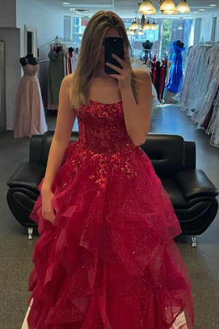 Sparkly Fuchsia Spaghetti Straps A-Line Long Corset Prom Dress with Appliques