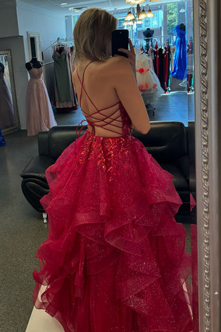 Sparkly Fuchsia Spaghetti Straps A-Line Long Corset Prom Dress with Appliques