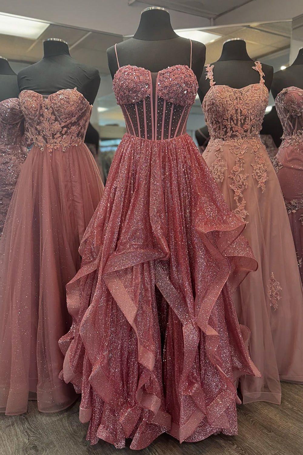 Sparkly Grey Blue Sequins Spaghetti Straps Tulle Tiered A-Line Long Prom Dress