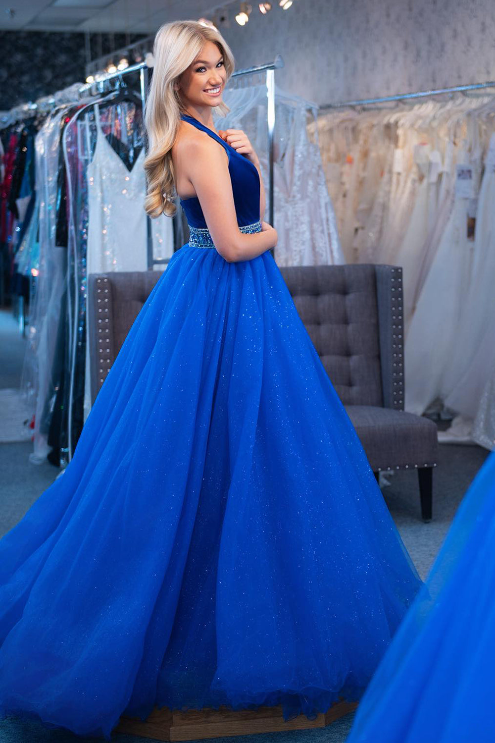 Sparkly Royal Blue Halter Neck Princess Tulle Long Prom Dress 