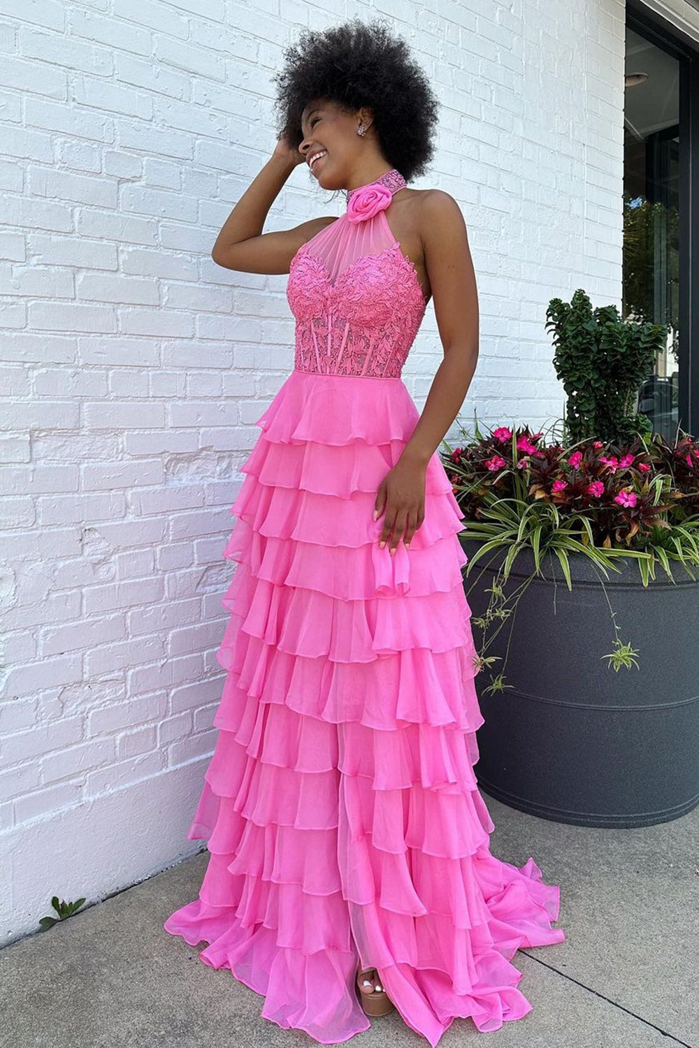 Hot Pink Halter Neck A-Line Chiffon Ruffled Long Corset Prom Dress with Appliques