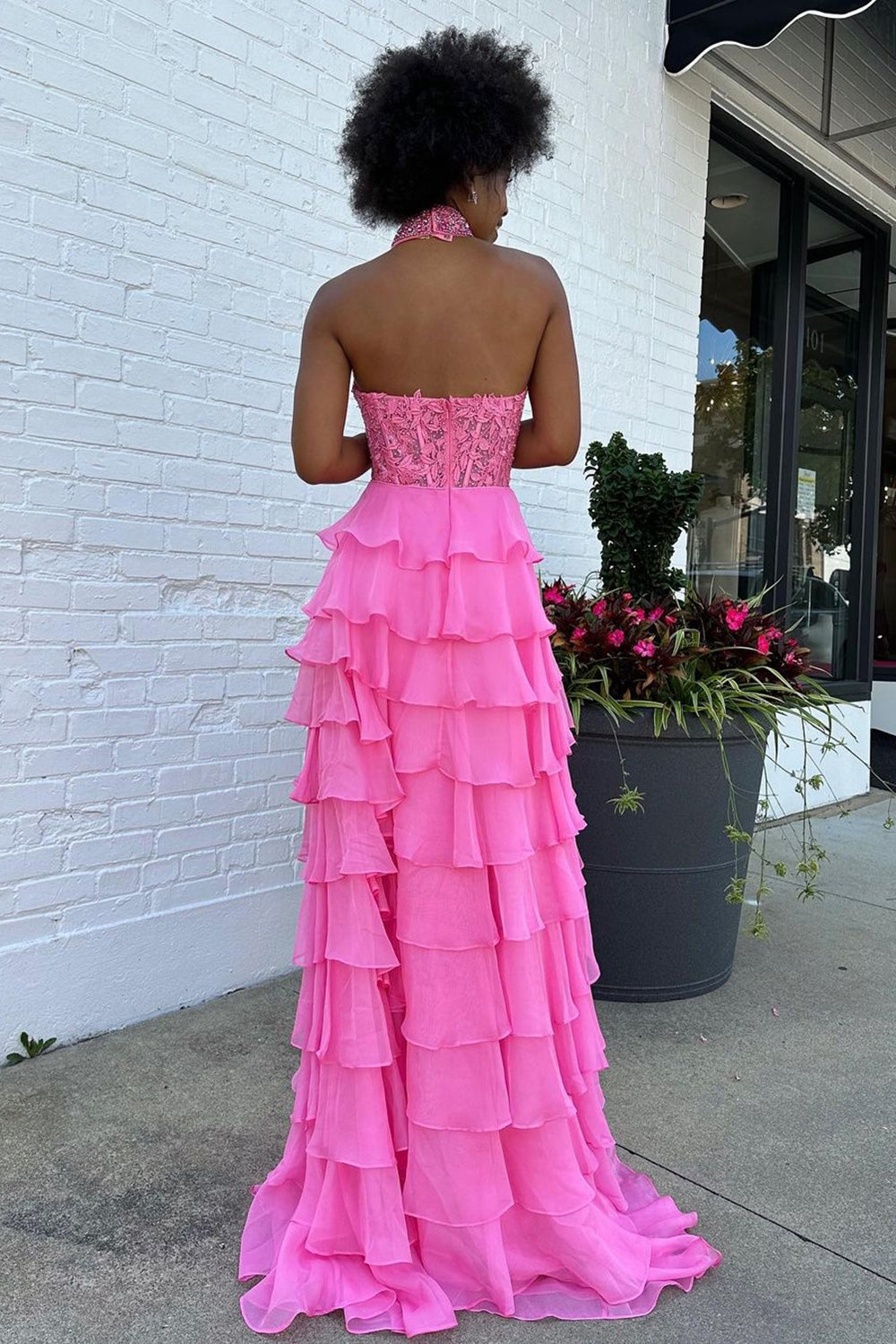Hot Pink Halter Neck A-Line Chiffon Ruffled Long Corset Prom Dress with Appliques