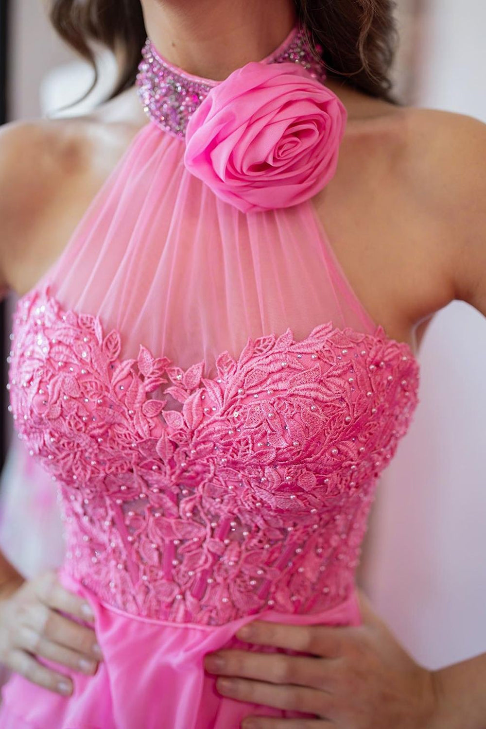 Hot Pink Halter Neck A-Line Chiffon Ruffled Long Corset Prom Dress with Appliques