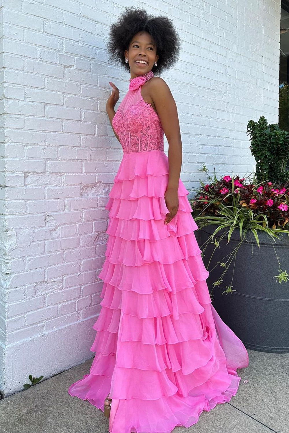 Hot Pink Halter Neck A-Line Chiffon Ruffled Long Corset Prom Dress with Appliques