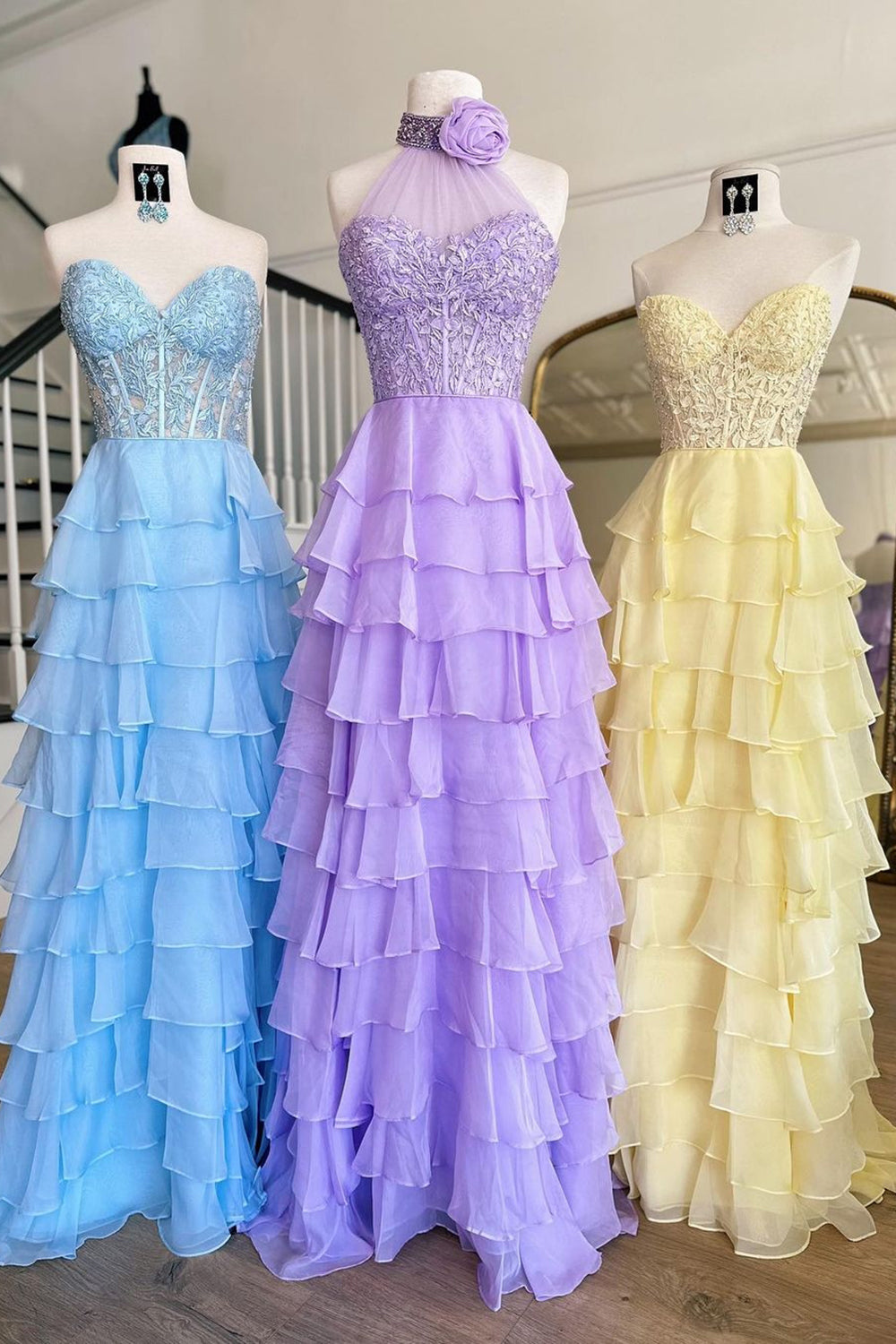 Hot Pink Halter Neck A-Line Chiffon Ruffled Long Corset Prom Dress with Appliques