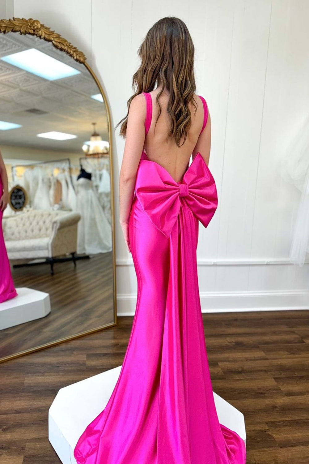 Fuchsia Spaghetti Straps Satin Mermaid Open Back Long Corset Prom Dress with Bow