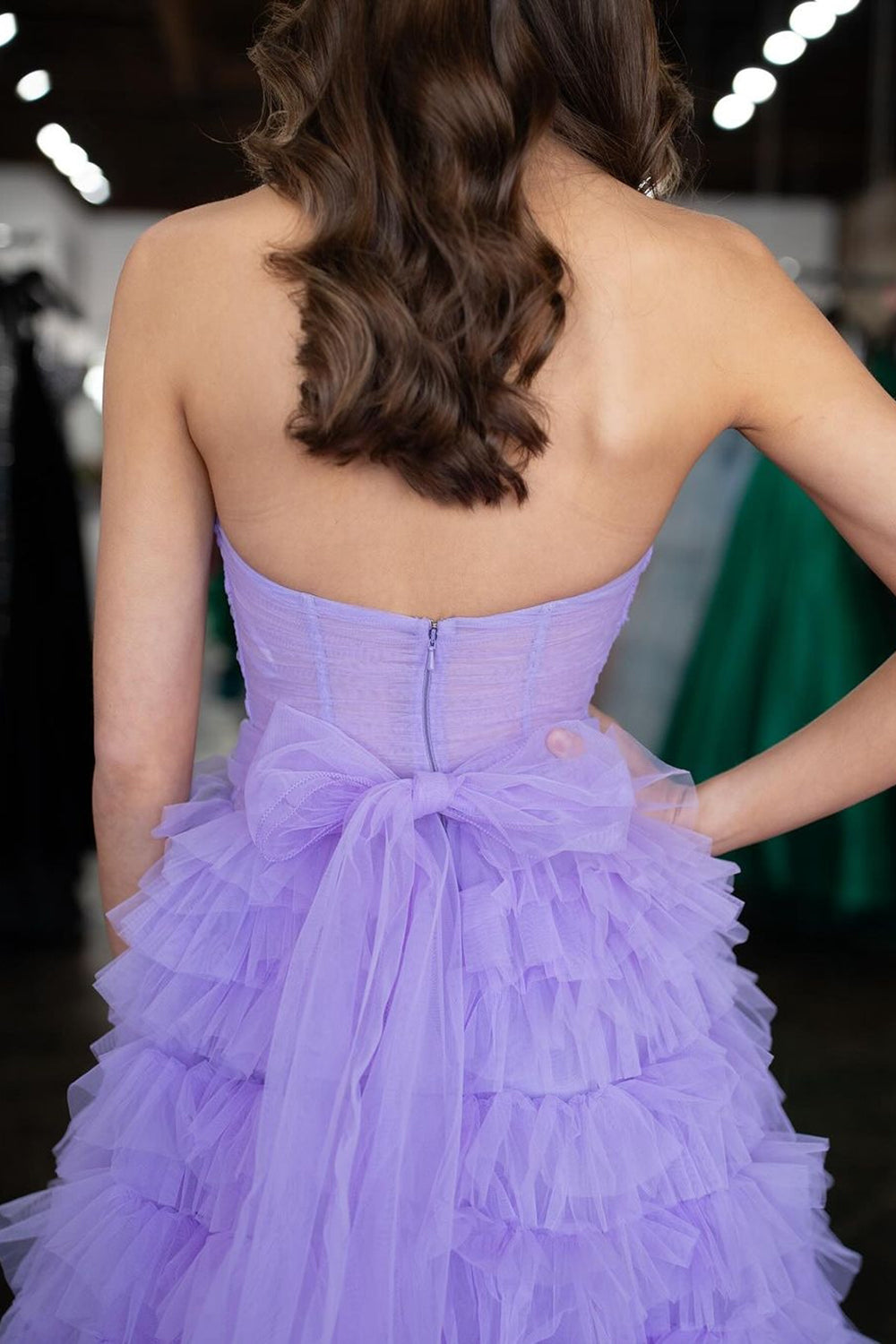 Lilac Sweetheart A-Line Tulle Ruffled Long Cut-out Prom Dress with Slit