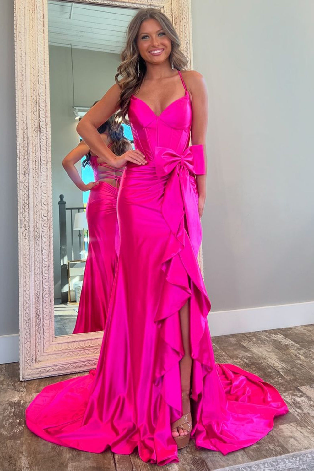 Hot Pink Spaghetti Straps Mermaid Satin Long Corset Prom Dress with Bow