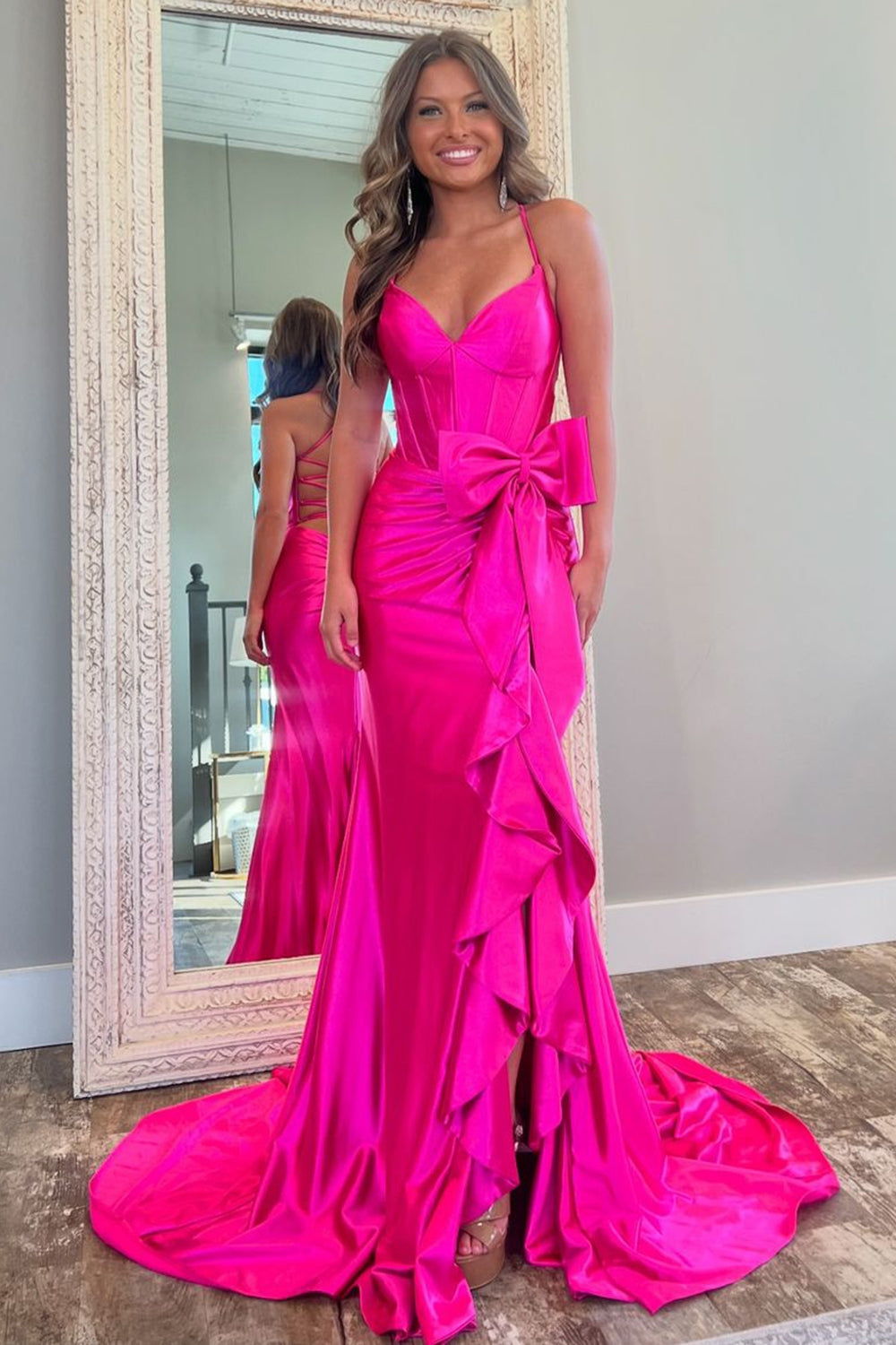 Hot Pink Spaghetti Straps Mermaid Satin Long Corset Prom Dress with Bow