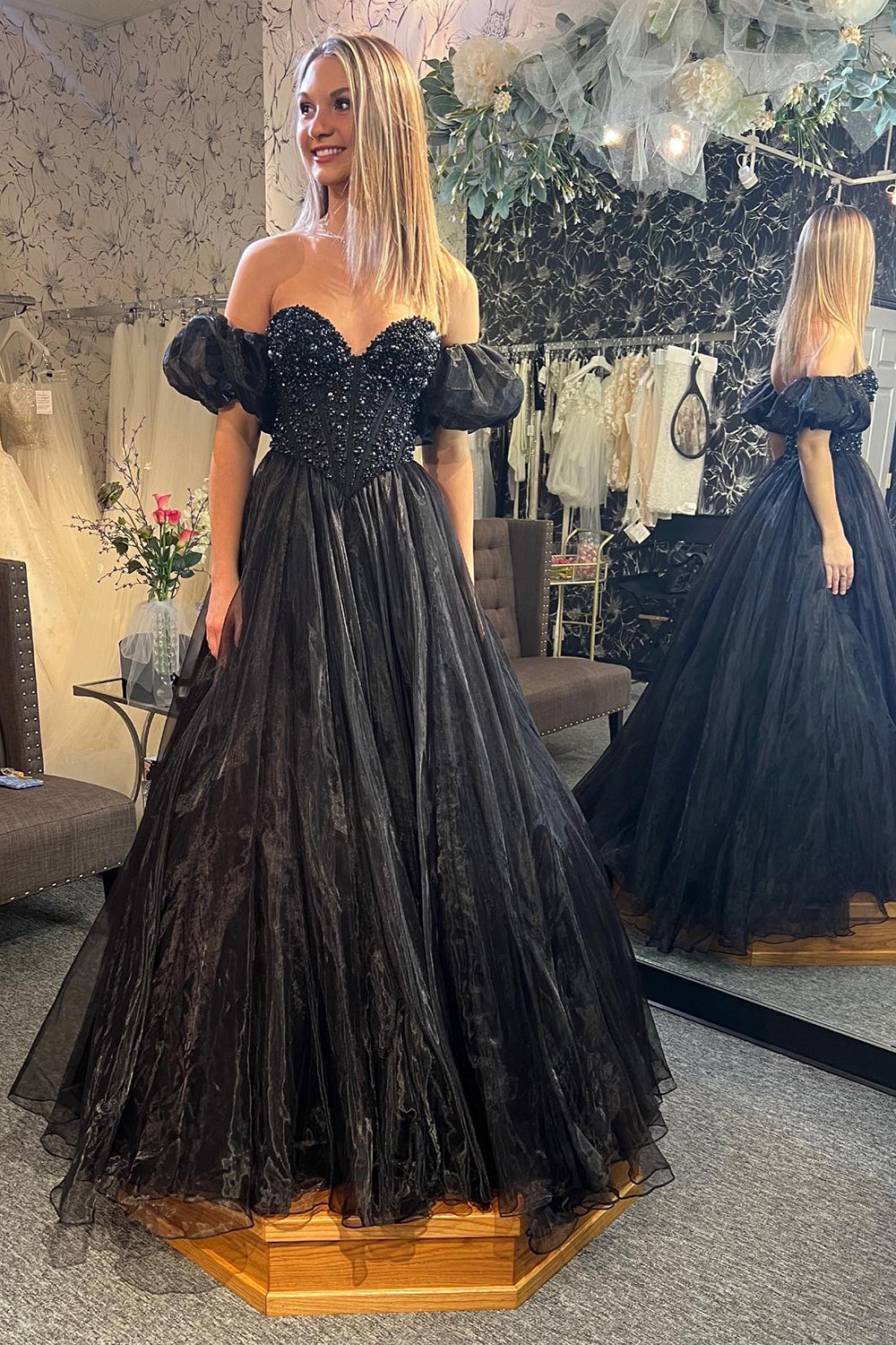 Black Sweetheart Princess Long Corset Prom Dress with Beading