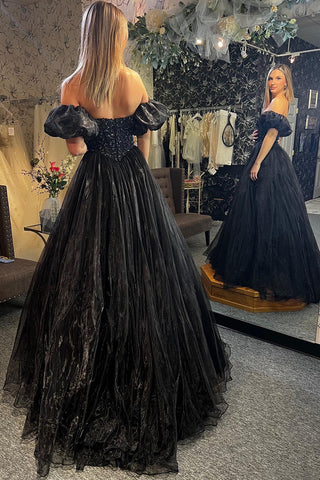 Black Sweetheart Princess Long Corset Prom Dress with Beading
