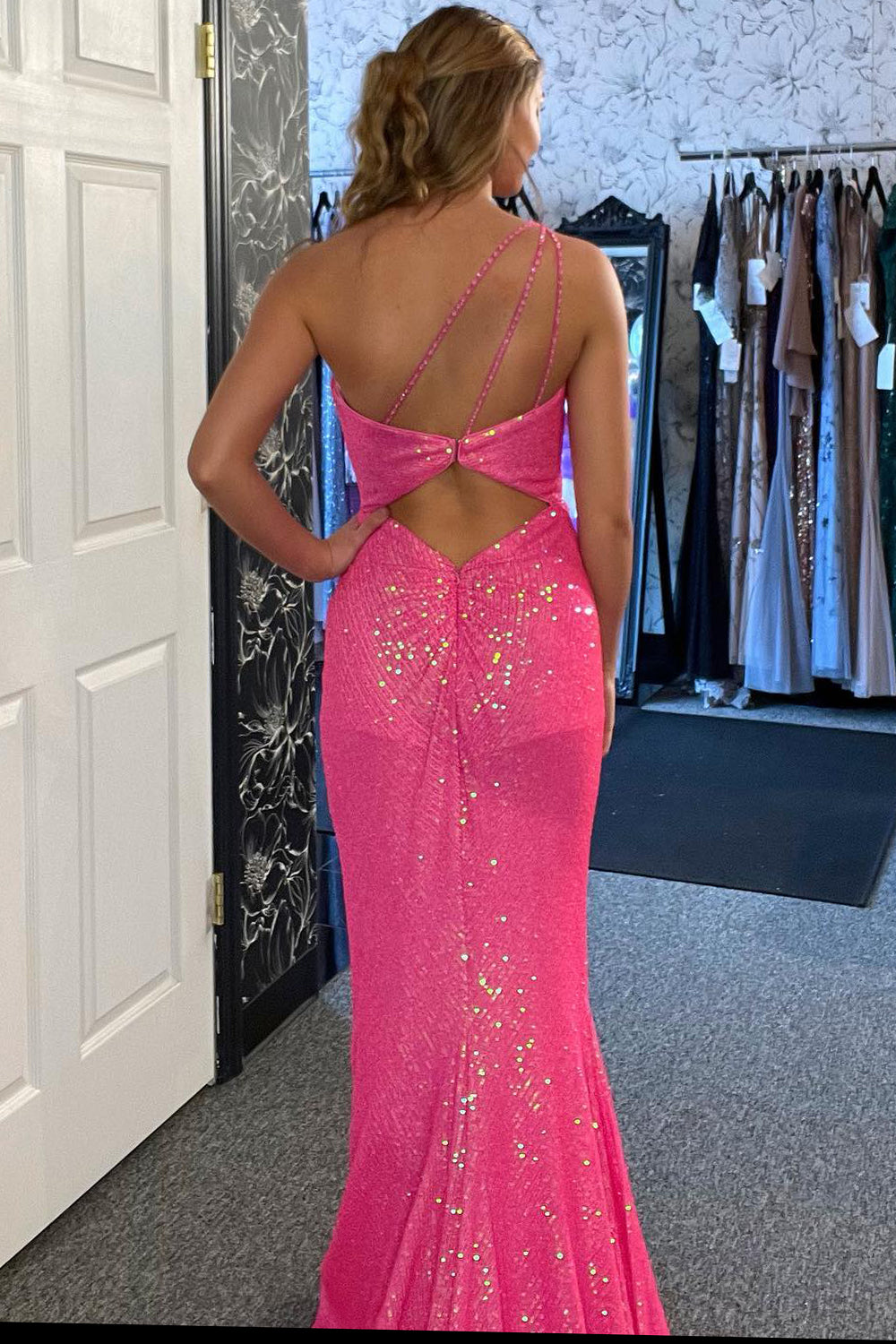 Sparkly Fuchsia One Shoulder Sequins Mermaid Long Prom Dress with Slit