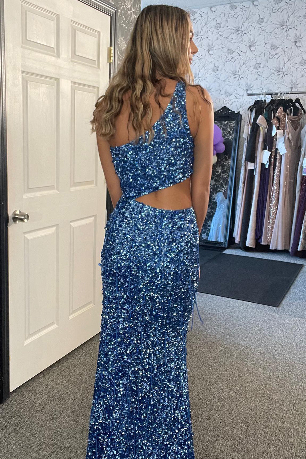 Sparkly Sky Blue One Shoulder Sequins Mermaid Long Prom Dress with Slit