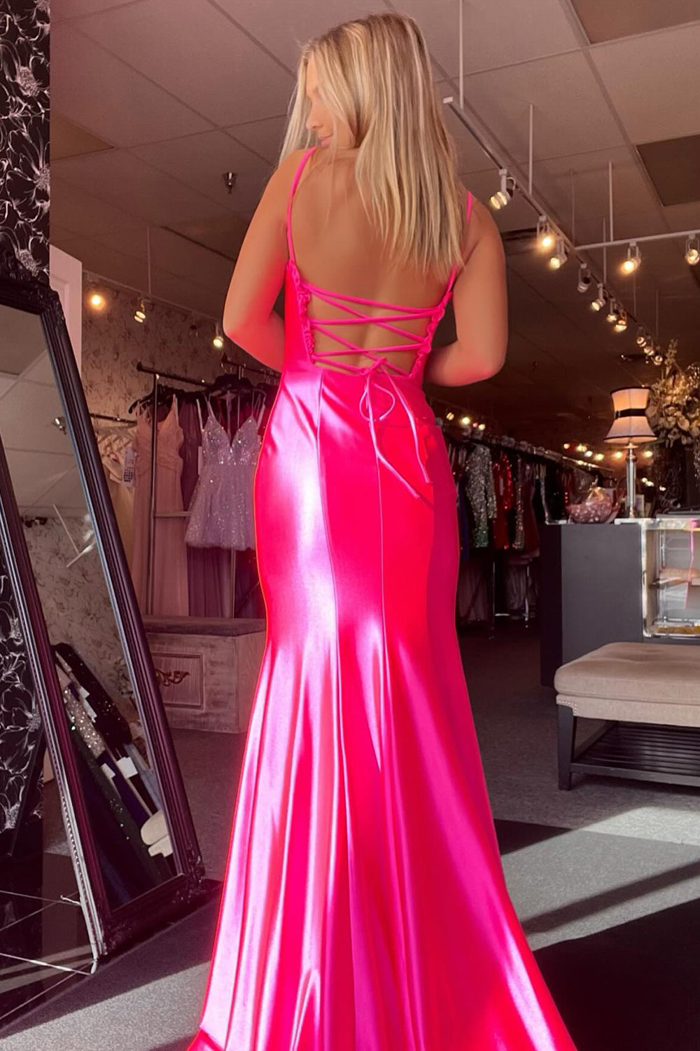 Fuchsia Spaghetti Straps Satin Mermaid Long Prom Dress with Slit